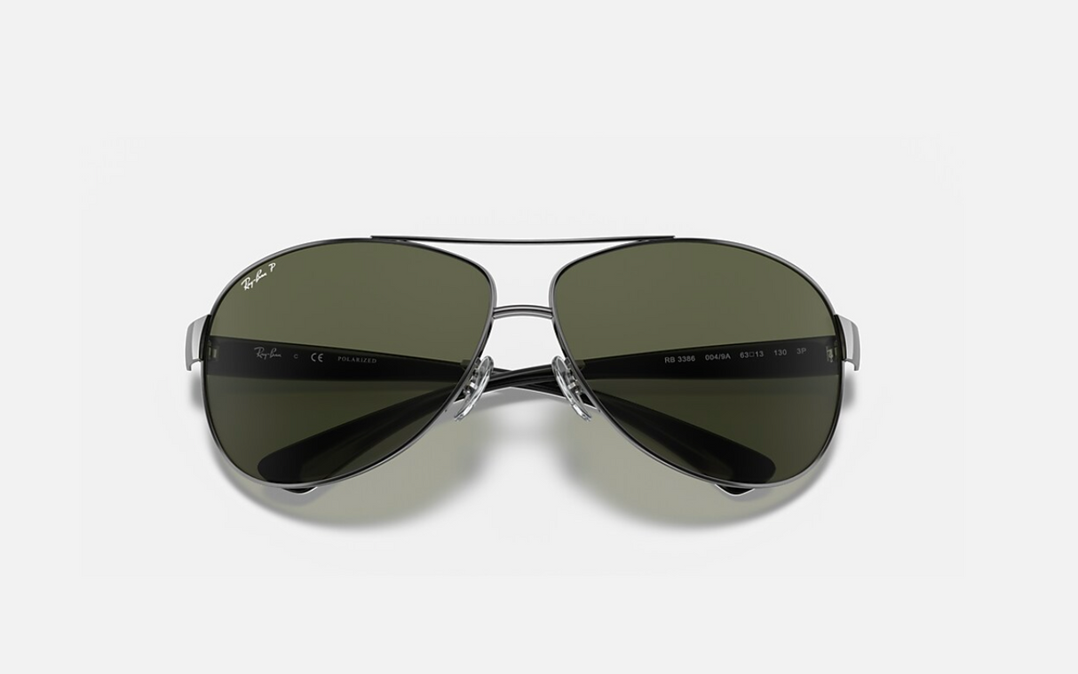 RB3386 004/9A Polished Gunmetal; Black/Polarized Green Classic 63-13