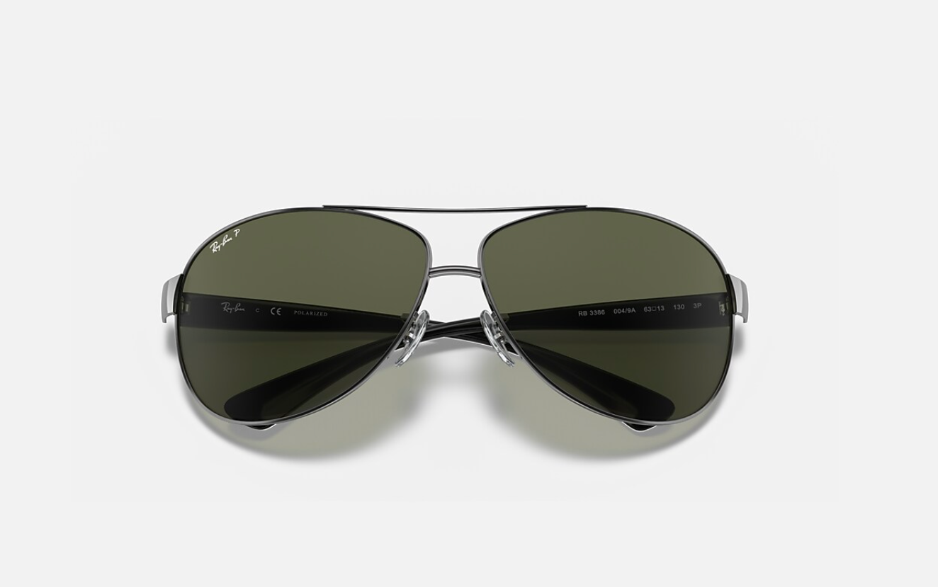 RB3386 004/9A Polished Gunmetal; Black/Polarized Green Classic 63-13