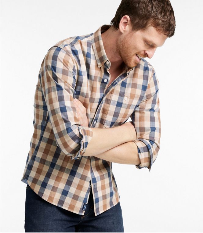 Comfort Stretch Chambray Shirt Long Sleeve Slightly Fitted Plaid Men's Regular