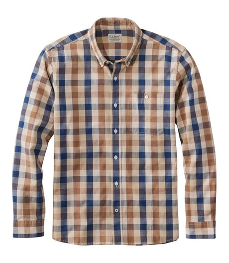 Comfort Stretch Chambray Shirt Long Sleeve Slightly Fitted Plaid Men's Regular